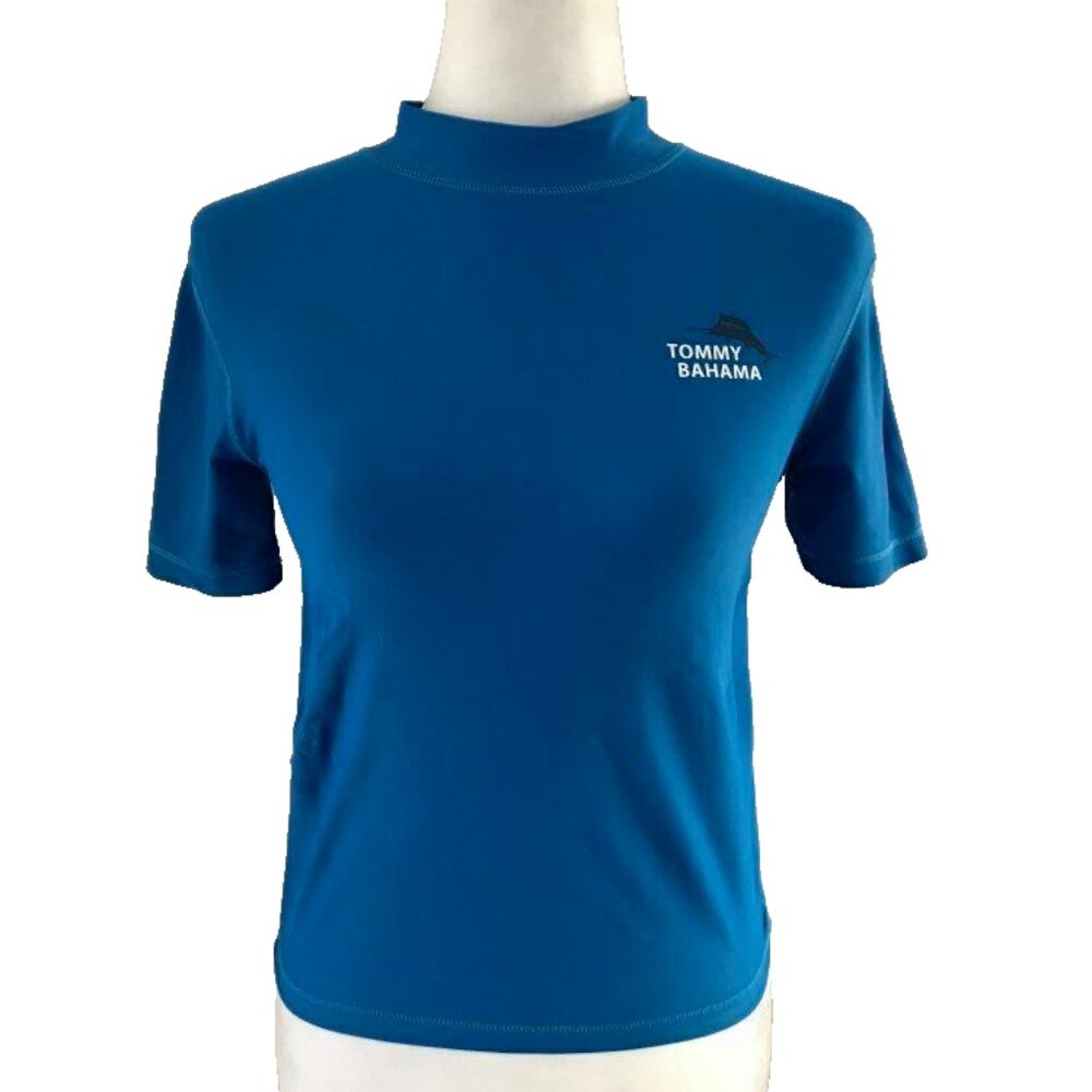 TOMMY BAHAMA Short Sleeve Rash Guard Top Womens Small Blue Poly Spandex Blend